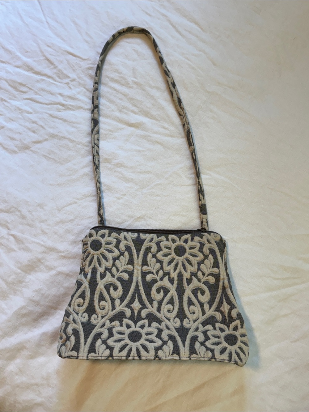 Embroidered Floral Shoulder Bag in Charcoal and Ivory
